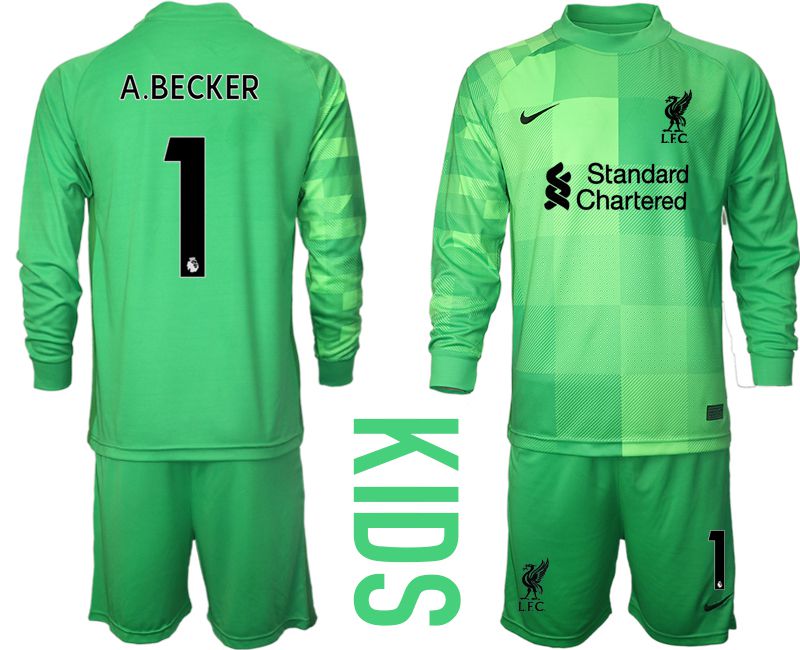 Youth 2021-2022 Club Liverpool green goalkeeper long sleeve #1 Soccer Jersey
